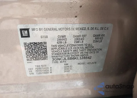 2019 Chevrolet Trax Lt z USA, uszkodzony, nr VIN 3GNCJLSB6KL128542